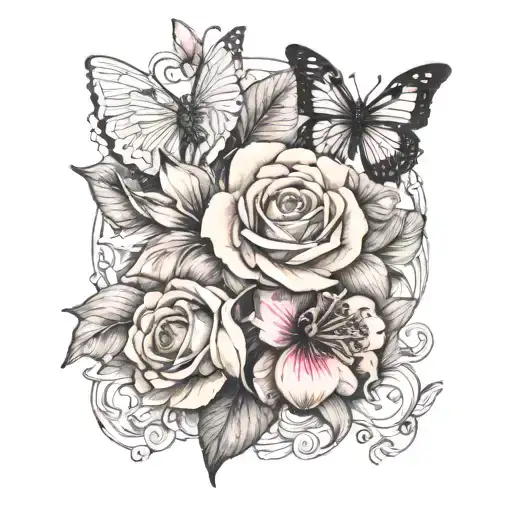 orchid wrapping around the ankle with rose mum and pansey with a butterfly  tattoo design idea
