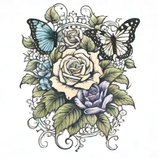 rose, mum and pansey with a vine and butterfly emerging tattoo design idea