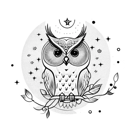 A majestic owl perched on a crescent moon surrounded by blooming night flowers tattoo design idea