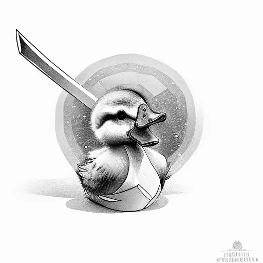 A duckling in knight's armor that is slightly too big for him. He is a paladin with a sword in his hand.  tattoo design idea