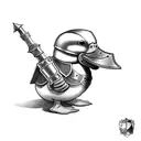 A duckling in knight's armor that is slightly too big for him. He is a paladin with a sword in his hand.  tattoo design idea