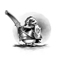 A duckling in knight's armor that is slightly too big for him. He is a paladin with a sword in his hand.  tattoo design idea