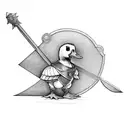 A duckling in knight's armor that is slightly too big for him. He is a paladin with a sword in his hand.  tattoo design idea