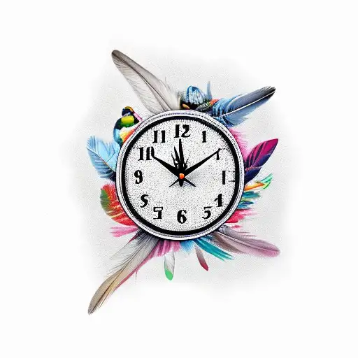 A bird perched on a branch, with its feathers transforming into intricate clock hands tattoo design idea