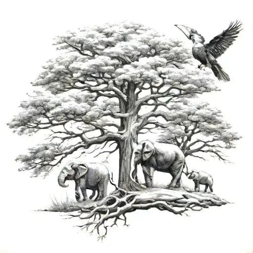 oak tree with 1 elephant 1 eagle and 1 hoeny badger  tattoo design idea