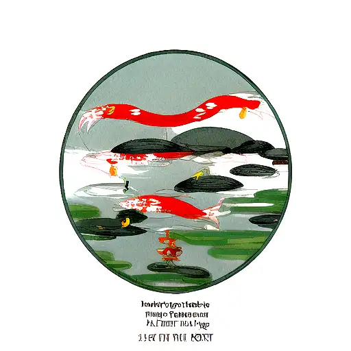 A serene Japanese garden with floating anime characters as koi fish tattoo design idea