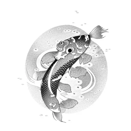 A serene Japanese garden with floating anime characters as koi fish tattoo design idea