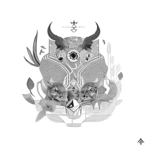 A black-grey patchwork design incorporating the client's favorite animals and objects tattoo design idea