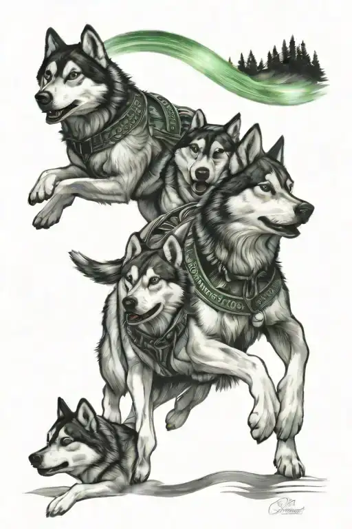 sled dog team running towards me with Northern Lights above, forest, snow tattoo design idea