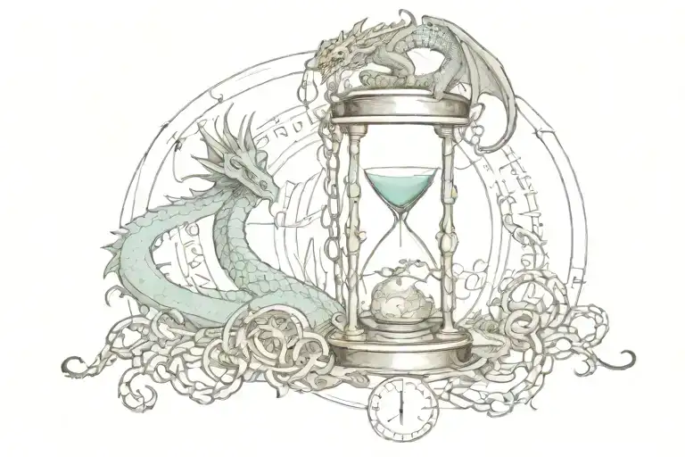 the inscription "TIME" in the center of the hourglass, around which there is a dragon made of chains with a psalm tattoo design idea