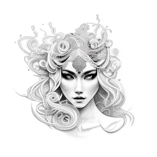 A dotwork tattoo of a graceful dancer with flowing hair surrounded by musical notes tattoo design idea
