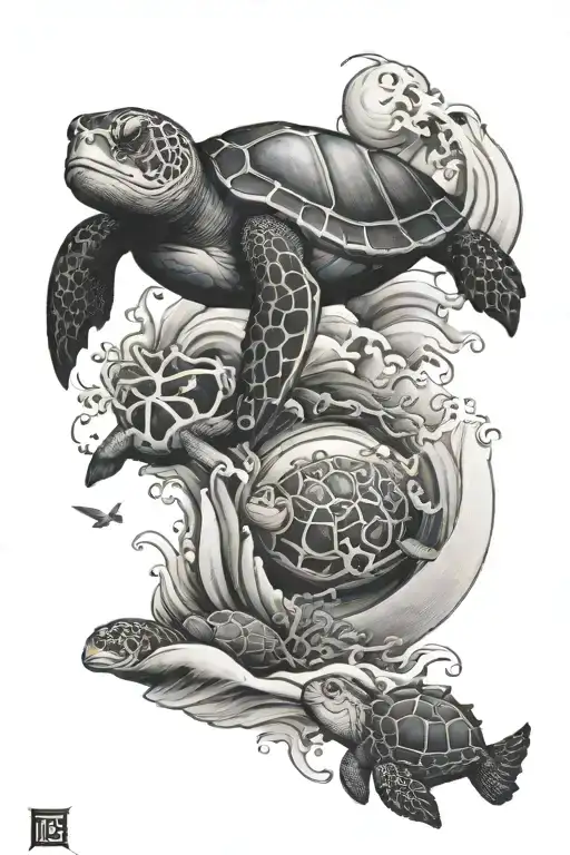 wave, turtle, clownfish family, mountain and a paramedic symbol tattoo design idea