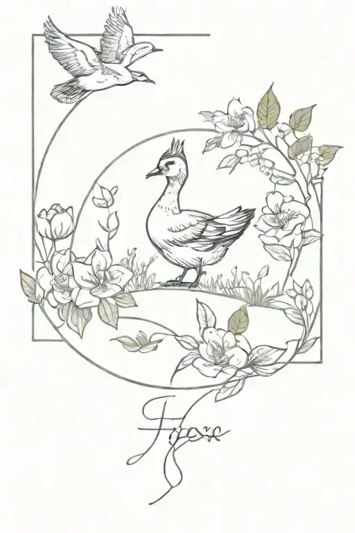 garden around fox tattoo featuring a goose and butterflys  tattoo design idea