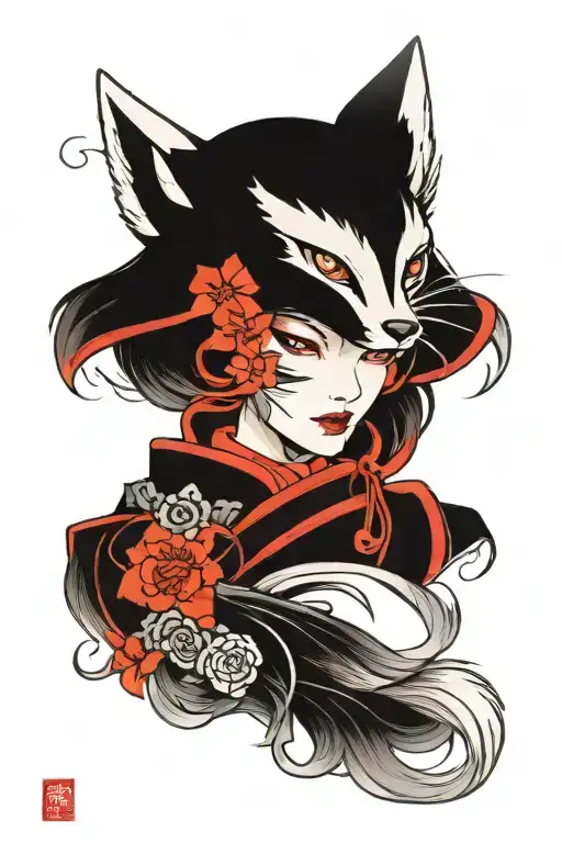 kitsune women face tattoo design idea