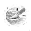 universe in a girl's hands, whale, moon, stars, cricket bat tattoo design idea