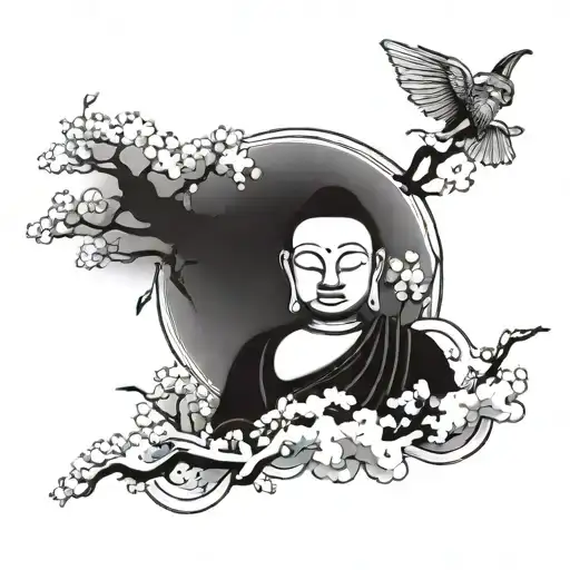 A tattoo of a serene Buddha meditating under a cherry blossom tree, surrounded by swirling anime-inspired clouds and a demon lurking in the shadows tattoo design idea