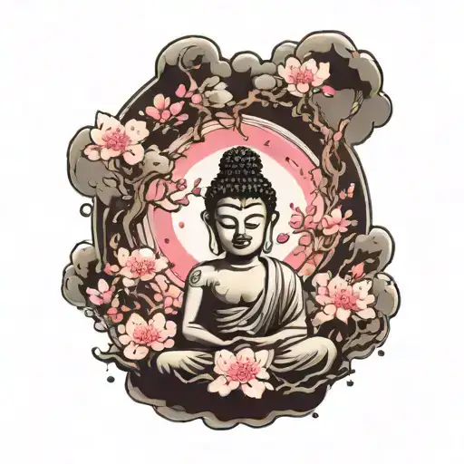 A tattoo of a serene Buddha meditating under a cherry blossom tree, surrounded by swirling anime-inspired clouds and a demon lurking in the shadows tattoo design idea