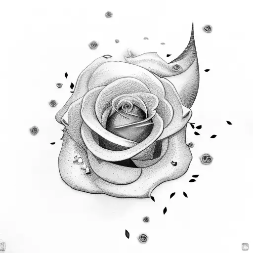 A realistic depiction of a sword with delicate rose petals falling around it tattoo design idea