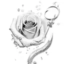 A realistic depiction of a sword with delicate rose petals falling around it tattoo design idea