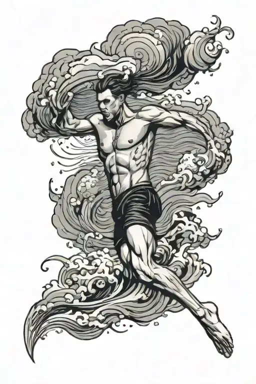 A swimmer diving into a deep blue ocean with a storm brewing overhead tattoo design idea