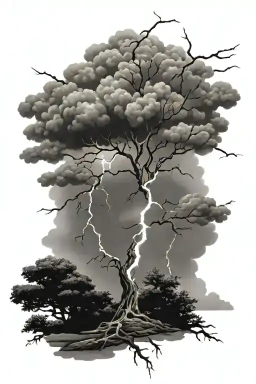 Lightning storm clouds with lightning bolts hitting tree tattoo design idea