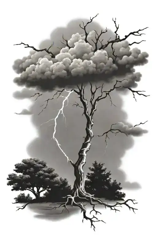 Lightning storm clouds with lightning bolts hitting tree tattoo design idea