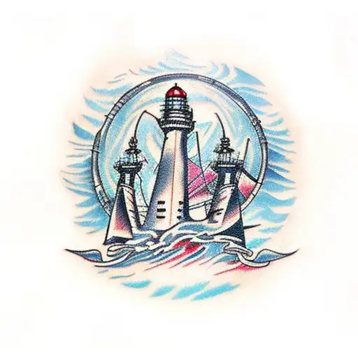 A traditional tattoo design featuring a gothic sepultura band logo surrounded by lighthouses in a nautical theme tattoo design idea