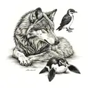 wolf laying down with his head while watching a penguin tattoo design idea