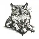 wolf laying down with his head while watching a penguin tattoo design idea