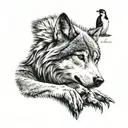 wolf laying down with his head while watching a penguin tattoo design idea