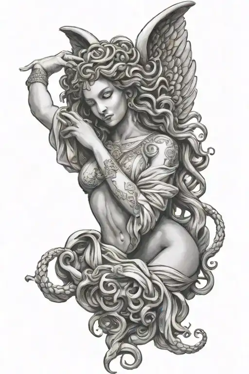 Sexy medusa holding hands on shoulders of an statue angel tattoo design idea