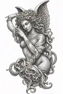 Sexy medusa holding hands on shoulders of an statue angel tattoo design idea