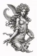 Sexy medusa holding hands on shoulders of an statue angel tattoo design idea