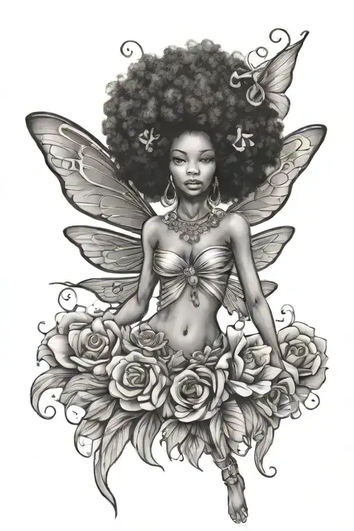 afro fairy standing tattoo design idea