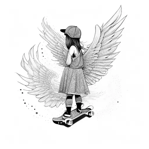 little girl on a skateboard with wings and cap turned back on her hed tattoo design idea