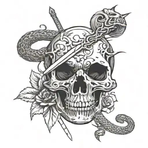 a sword in a skull and a snake wrapped around it tattoo design idea