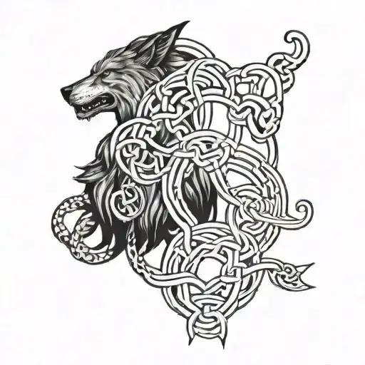 A unique interpretation of the Norse knot featuring Odin, Thor, and Fenriswolf intertwined in a dynamic composition tattoo design idea