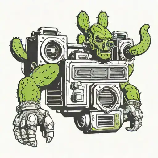 bodybuilder cactus with boom box tattoo design idea