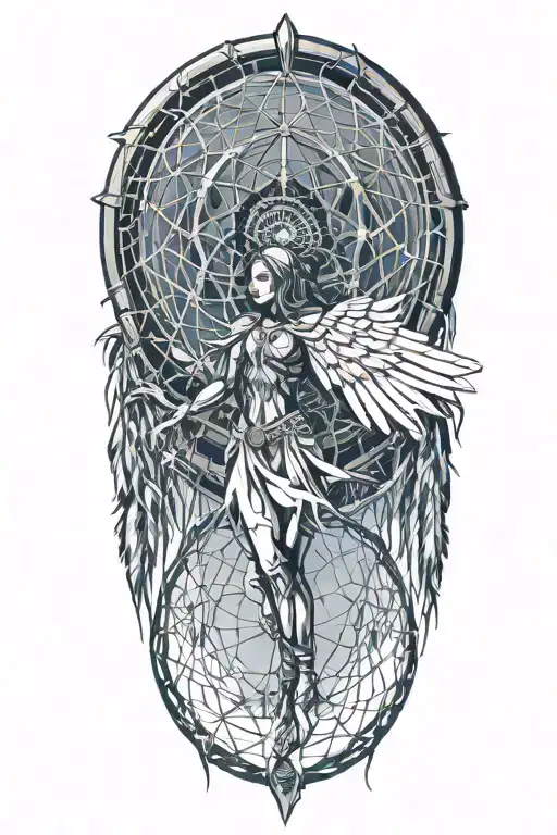 an angel or force of good defending a dream catcher from a spider that is trying to weave a web around the dreamcatcher  tattoo design idea