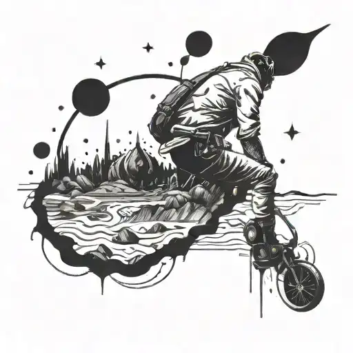 A surreal scene of a drug dealer navigating through a cosmic landscape tattoo design idea