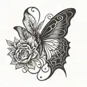 A blackwork tattoo design featuring a powerful feminist symbol intertwined with a delicate butterfly motif tattoo design idea