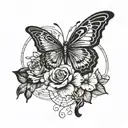 A blackwork tattoo design featuring a powerful feminist symbol intertwined with a delicate butterfly motif tattoo design idea