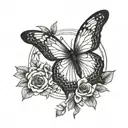 A blackwork tattoo design featuring a powerful feminist symbol intertwined with a delicate butterfly motif tattoo design idea
