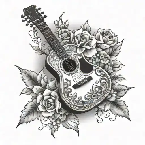 A tattoo of a traditional Portuguese guitar surrounded by summer flowers tattoo design idea