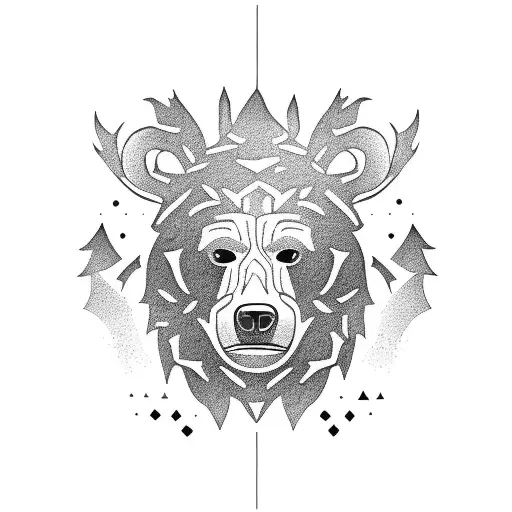 A totem spirit of a Kodiak bear surrounded by plants tattoo design idea