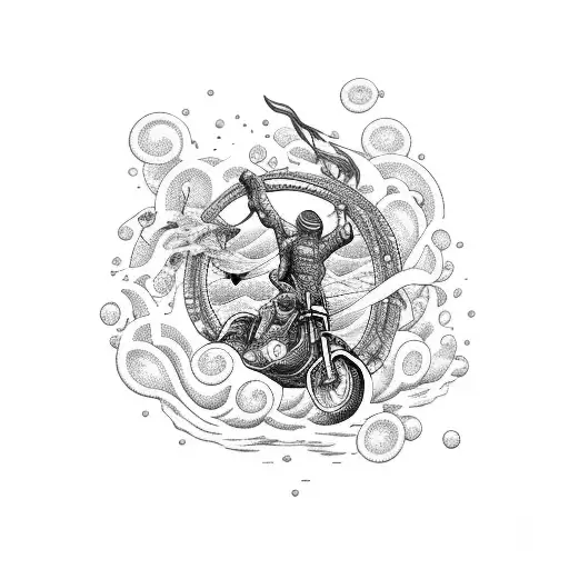 A dotwork tattoo featuring a seafarer riding a motorbike with waves crashing around them. tattoo design idea