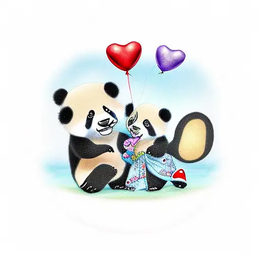 baby and mom panda with heart shspe balloon tattoo design idea