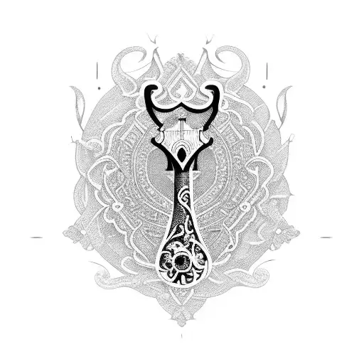 A guitar neck adorned with delicate and intricate patterns inspired by relic artifacts tattoo design idea