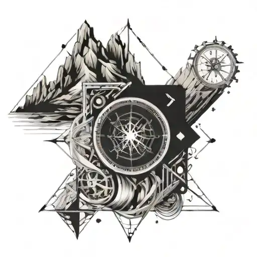 book, broken clock, compass, mountain, fenic tattoo design idea