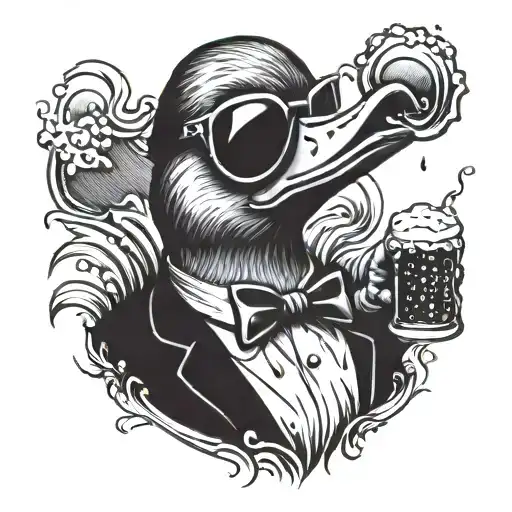 duck that surfs and drink beer and wears sunglasses  tattoo design idea